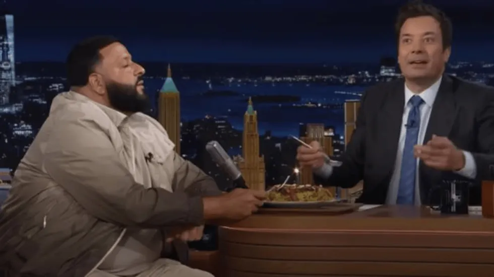 DJ Khaled and Jimmy Fallon eating maqluba, Palestine related