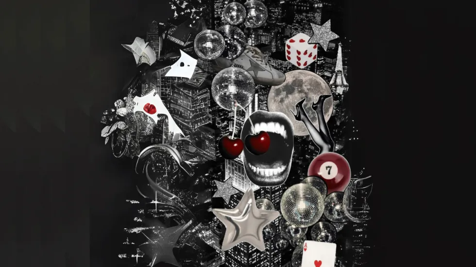 Night life symbols aesthetic, red and black and white