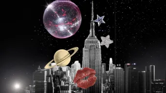 nightlife, sky scrappers, kiss lips, planet, and disco ball