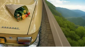 yellow car with flowers driving on a mountain