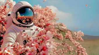 Astronaut in a field with flowers on earth